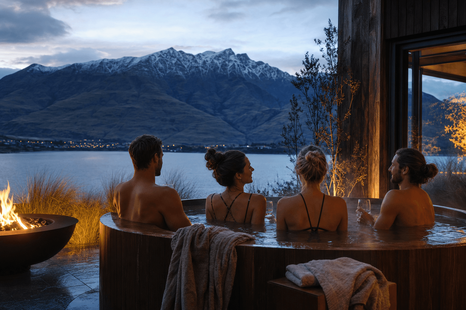 A cedar hot tub and outdoor fire set above a lake with mountains beyond
