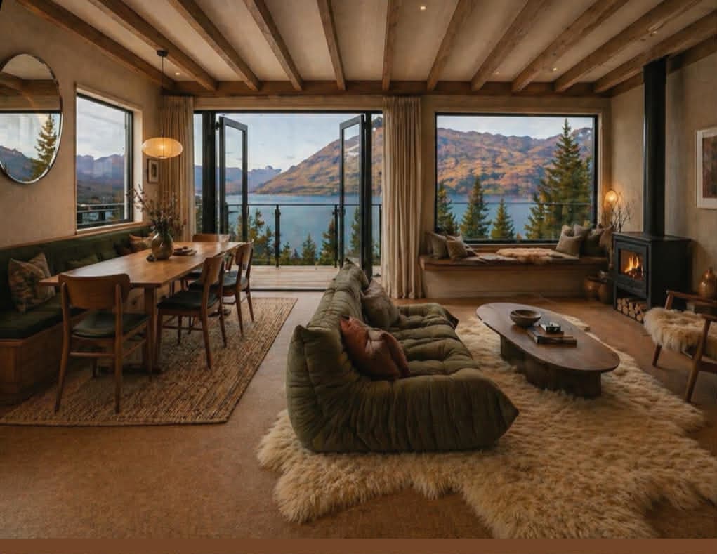 A warm mid-century alpine interior with timber beams and mountain views