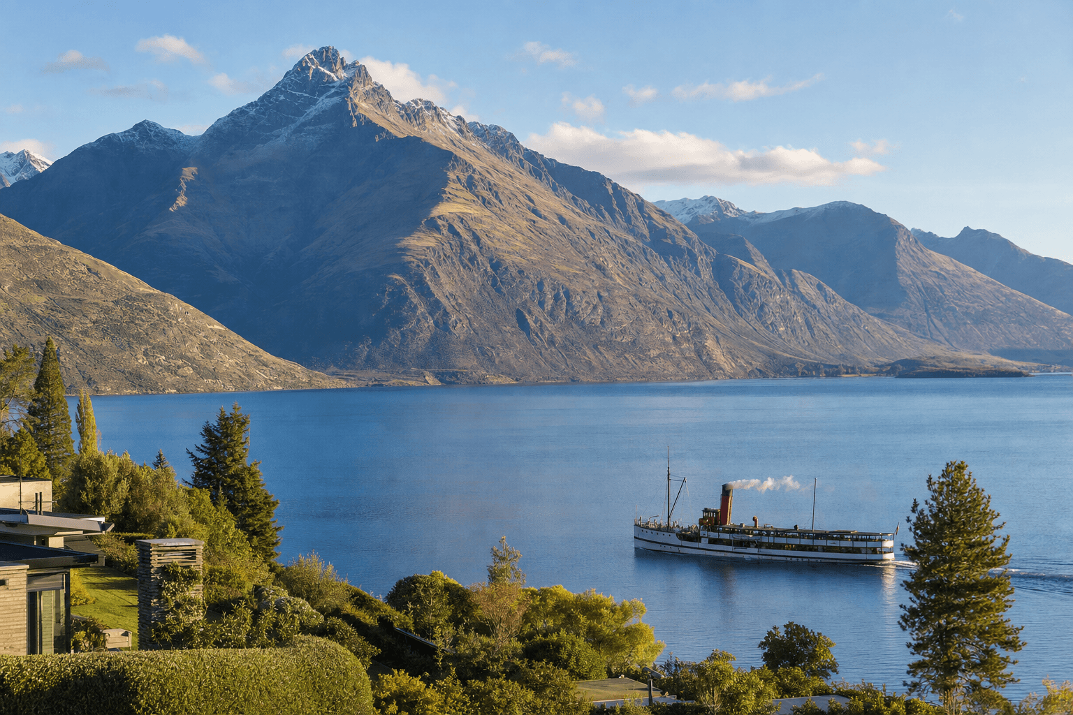 The TSS Earnslaw steamship crossing Lake Wakatipu